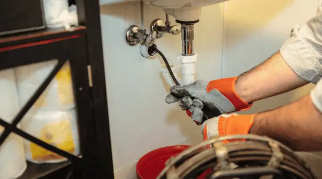 Drain cleaning technician using a motorized plumbing snake to clear a clogged sink pipe in Atlanta, GA