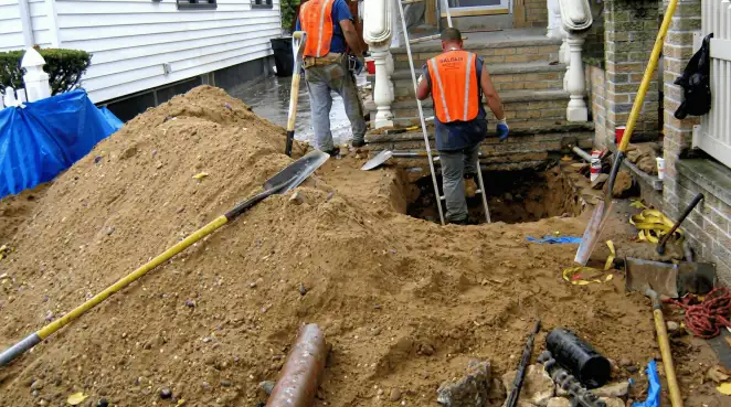 Contractors performing foundation protection and exterior drainage excavation near residential home steps in Atlanta, GA